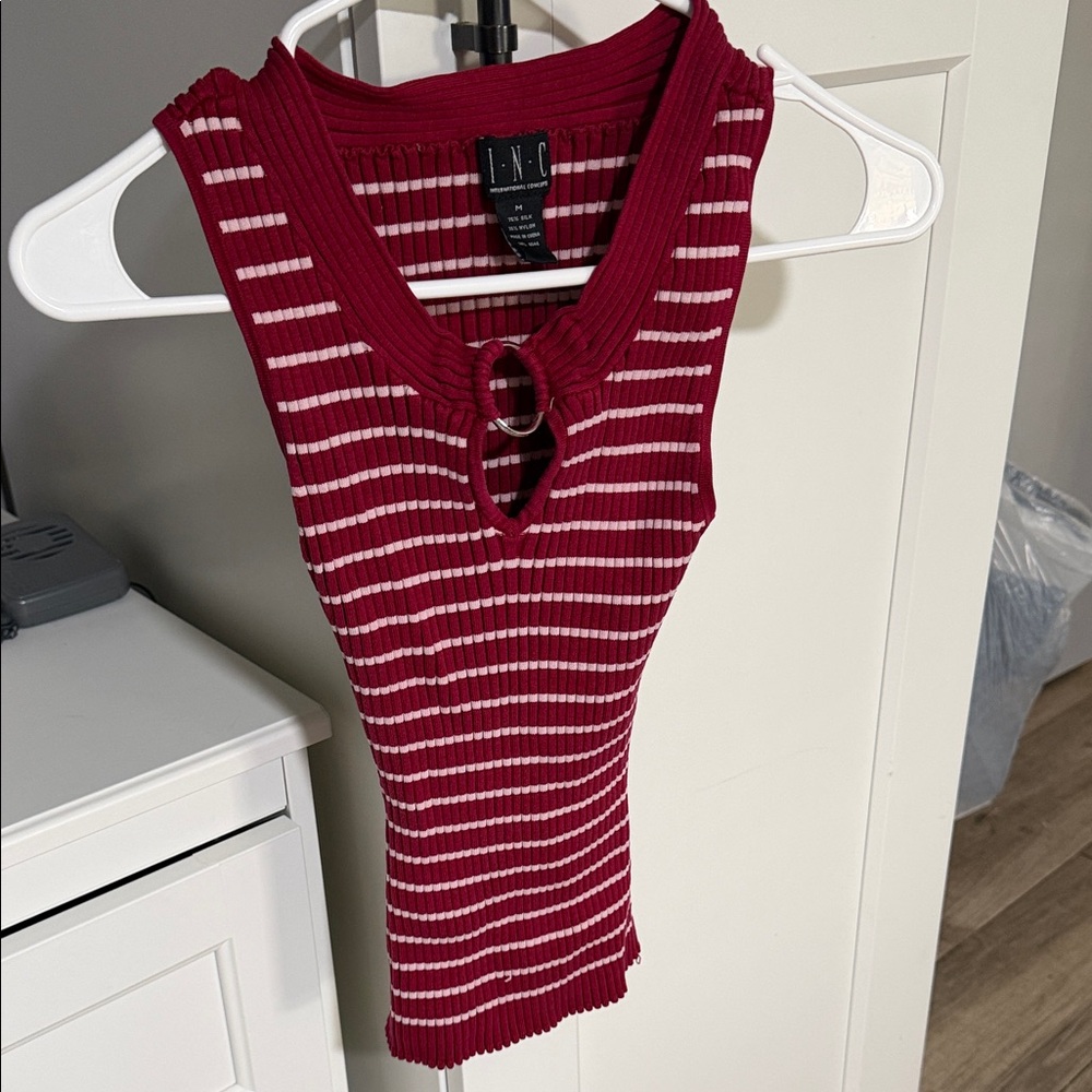 INC Ribbed Sleeveless Tank with Ring Detail - Burgundy & White